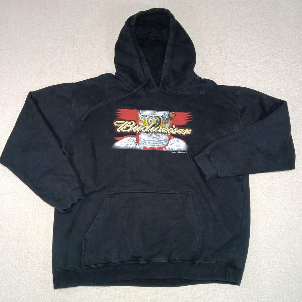 VTG 2005 Budweiser Pullover Hoodie Mens XL Black Graphic Beer Y2K Anheuser Busch